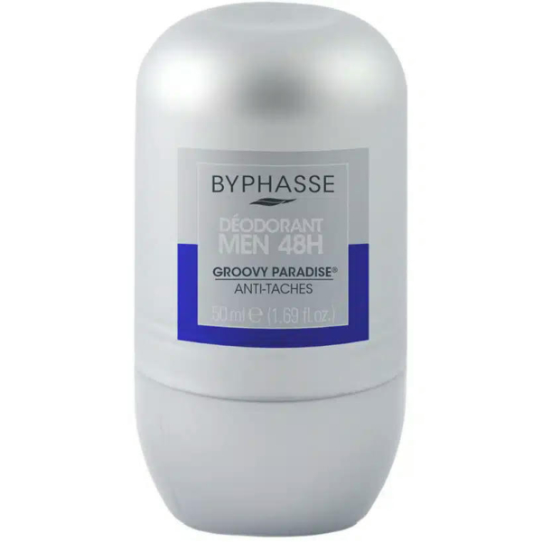 Un flacon de déodorant cylindrique argenté, étiqueté « Byphasse Déodorant Men 48H Groovy Paradise Anti-Taches », avec une contenance de 50 ml (1,69 fl oz) indiquée sur le devant. Son design est simple et moderne. Dakar