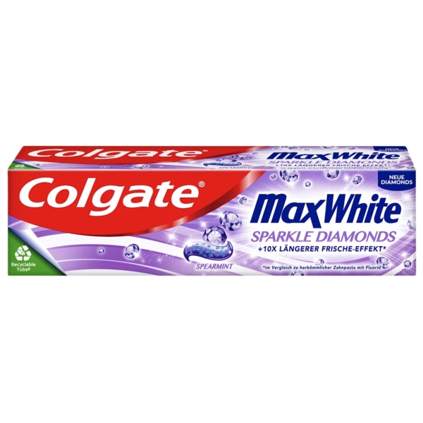 Le dentifrice Colgate Dentifrice Blanchissant MaxWhite Sparkle Diamonds arbore un texte à la menthe verte et un logo de recyclage. Son emballage, aux couleurs dominantes rouge et bleu, est orné de diamants et de motifs fraîcheur. Dakar