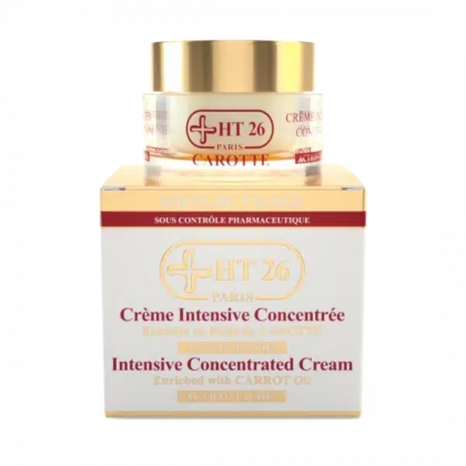 Un pot de Crème Concentrée Intensive Carotte HT26 Paris est posé sur son emballage. La boîte, blanche et orange, affiche un texte indiquant que la crème est enrichie en huile de carotte. Dakar