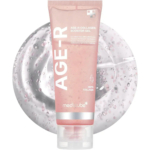 Un tube rose de gel booster de collagène Mediheal Age-R est présenté verticalement. Derrière lui, un fond circulaire texturé évoque des gouttelettes de gel. L'emballage met en valeur l'inclusion d'hepta-collagène. Dakar