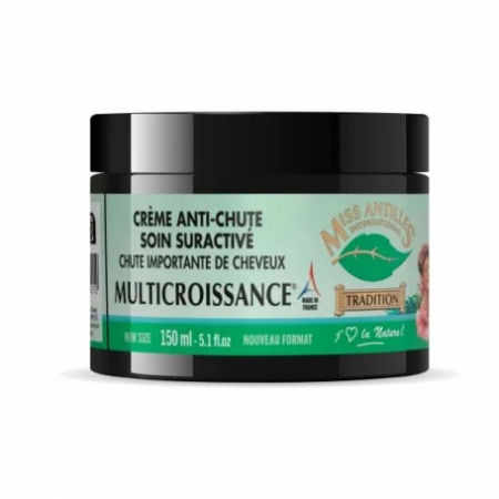 Un pot noir pour les soins capillaires, étiqueté « Miss Antilles Tradition Crème Anti-Chute Soin Suractif Multicroissance », sur fond vert avec les détails de la marque. Le pot contient 150 ml (5,1 fl oz) et indique qu'il est fabriqué en France. Dakar