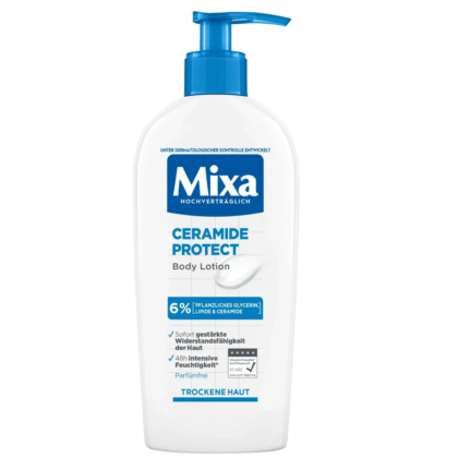 Un flacon blanc de lait corporel Mixa Ceramide Protect avec une pompe bleue. L'étiquette indique qu'il contient 6 % de glycérine végétale, de lipoprotéines et de céramides, et qu'il est conçu pour les peaux sèches. Il offre un soulagement immédiat et une hydratation longue durée. Dakar
