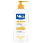 Un flacon blanc Mixa Lait Unifiant Corps Hydratant Raffermissant Niacinamide Bright de 250 ml avec une pompe orange met en valeur ses ingrédients : 4% de beurre de karité, niacinamide et vitamine C, conçus pour revitaliser les peaux sèches et ternes. Dakar