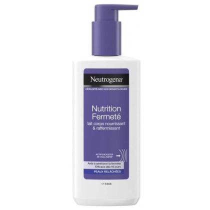Un flacon de lait corporel Neutrogena Nutrition Fermeté avec une pompe violette. L'étiquette en français indique qu'il est nourrissant et raffermissant, adapté aux peaux relâchées, et qu'il contient du collagène. Le flacon est blanc avec des inscriptions violettes et noires. Dakar