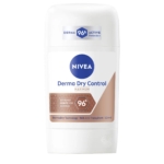 Le Déodorant Stick Anti-Transpirant 96H Derma Dry Control Maximum de Nivea 50 ml est présenté dans un élégant flacon blanc orné d'un logo bleu. Promettant une protection « Anti-Transpirant Maximum 96H » en anglais et en allemand, son format compact le rend idéal pour les voyages. Dakar
