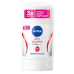 L'image présente un Déodorant Anti-Transpirant 48H Deostick Dry Comfort de Nivea (50 ml) blanc avec des touches de rouge et de bleu. L'étiquette, en allemand, vante une protection 48 heures, des propriétés antibactériennes et une fraîcheur trois fois supérieure avec la mention « Frisch Sanft Gepflegt ». Dakar
