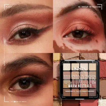 Une publicité de maquillage présente des gros plans de quatre yeux différents, chacun arborant des fards à paupières neutres et chauds. En bas à droite, on peut voir une image de la palette de fards à paupières « Ultimate Warm Neutrals » de NYX. Le texte indique « Retouches maquillage interdites ». Dakar