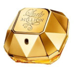 Un flacon de parfum doré en forme de pierre précieuse, gravé « Lady Million » sur le dessus. Son design facetté évoque un diamant et il est doté d'un petit vaporisateur noir sur le devant. Dakar