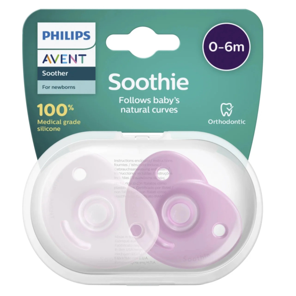 Emballage des sucettes Philips Avent Soothie pour nouveau-nés, comprenant deux sucettes : une blanche et une violette. L'étiquette indique « 100 % silicone de qualité médicale », « Épouse les courbes naturelles de bébé » et « Convient aux bébés de 0 à 6 mois ». Dakar