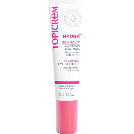 Tube de crème contour des yeux Topicrem Hydra+ Éclat, format 15 ml, avec étiquette rose et blanche. Ce produit est indiqué pour les yeux sensibles, réduisant les poches et les cernes. Dakar