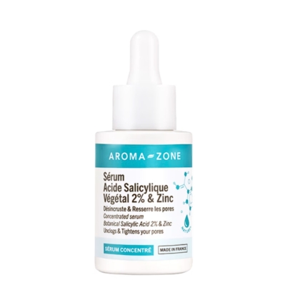 Le Sérum Concentré Anti-Imperfections Acide Salicylique 2% et Zinc Aroma Zone 30 ml est doté d'un bouchon compte-gouttes. Son étiquette blanche comporte un texte en français, une touche de bleu et la mention « Fabriqué en France » subtilement imprimée en bas. Dakar