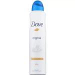 Spray anti-transpirant White Dove Original avec bouchon bleu, orné du logo Dove. L'étiquette indique « crème hydratante » et « 48 h », pour une protection de 48 heures. Fond blanc. Dakar