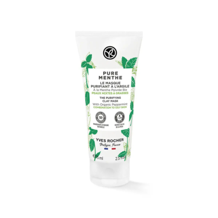 Tube blanc étiqueté « Pure Menthe » avec des illustrations de feuilles de menthe verte. Il arbore le logo Yves Rocher et un texte indiquant qu'il s'agit d'un masque purifiant à l'argile à la menthe poivrée bio pour peaux mixtes à grasses, 75 ml. Dakar
